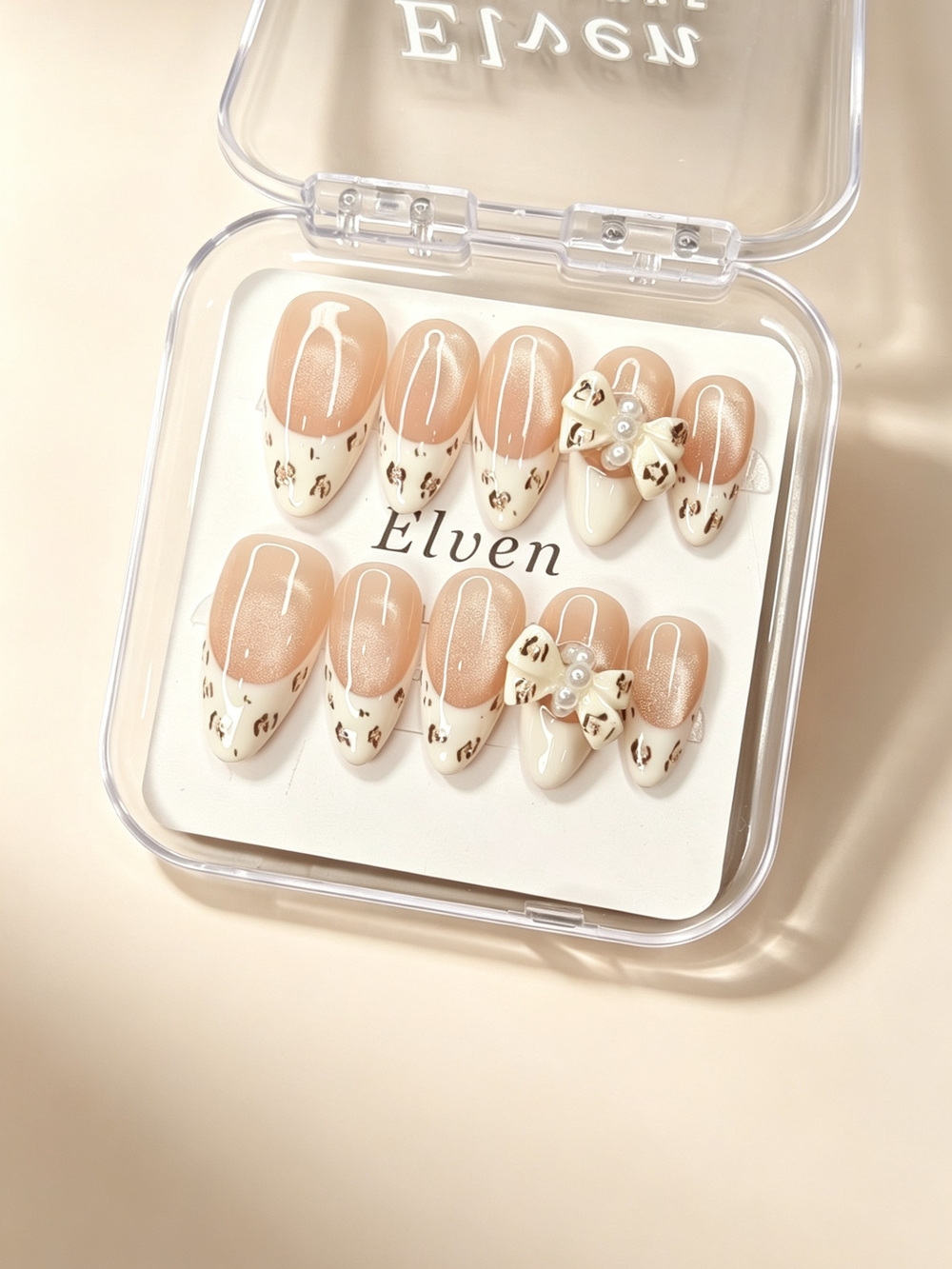 Nude Cat Eye French Tip Press On Nails With Leopard Print And Bow Medium Almond